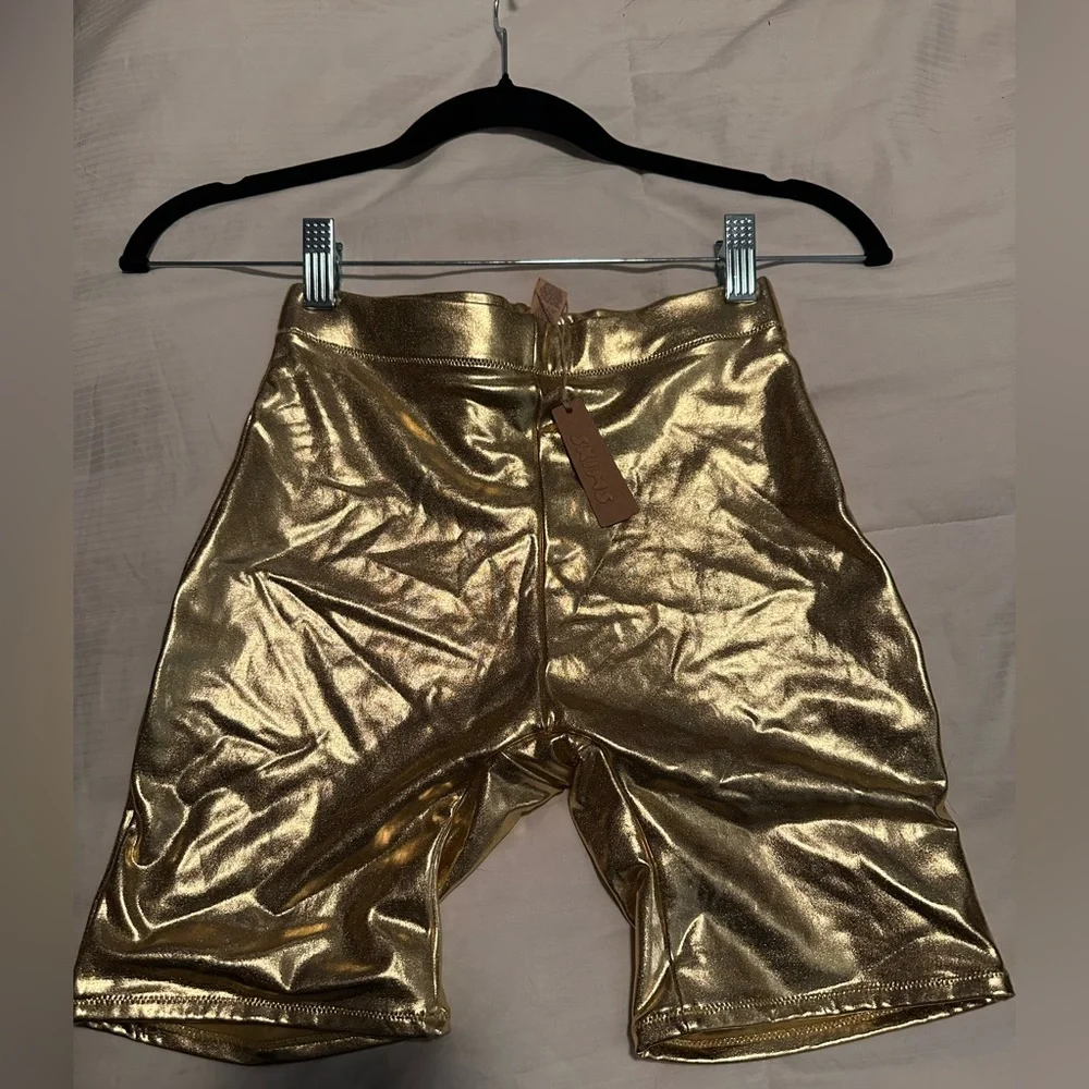NWT- METALLIC‎ SWIM MID WAIST SHORT- Gold- size small